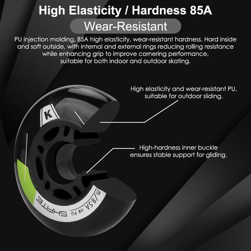 Kutrick 8 Pack Inline Skate Wheels 64mm, 70mm, 72mm, 76mm, 80mm - ABEC9 Bearing - 85A Durometer PU - Compatible with Rollerblade, Roller Derby, K2 Skate - Image 3